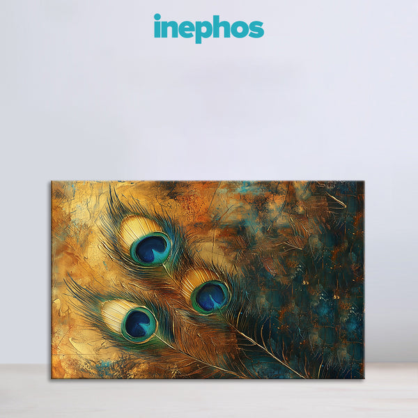Vastu Peacock Feather Painting | Golden Krishna Three Feathers Canvas | Elegant Textured Wall Art Décor for Living Room