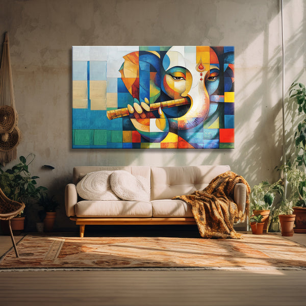Ganesh Ji Playing Flute Painting | Modern Spiritual Wall Art Gift for Ganesh Chaturthi | Abstract Ganpati Bappa Wall Art for Home Temple Living Room Wall Décor