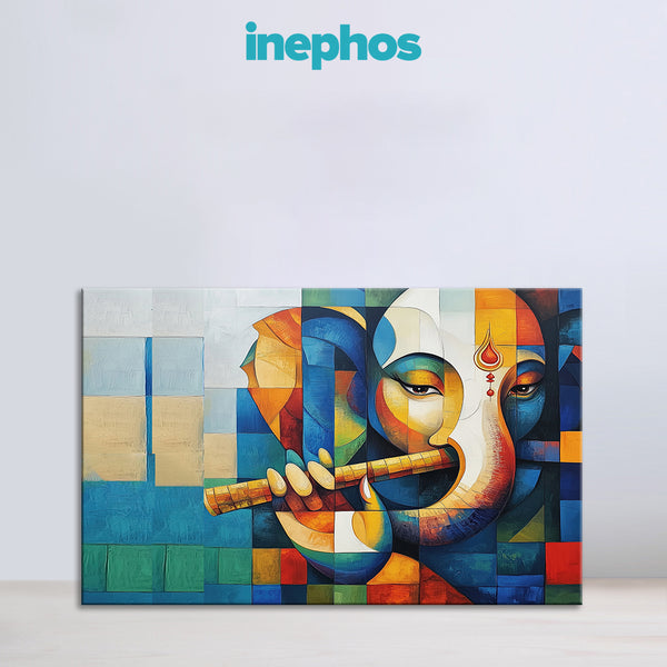 Ganesh Ji Playing Flute Painting | Modern Spiritual Wall Art Gift for Ganesh Chaturthi | Abstract Ganpati Bappa Wall Art for Home Temple Living Room Wall Décor