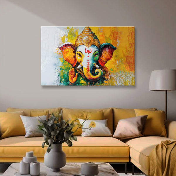 Lord Ganesha Blessing Painting | Ganpati Bappa Vastu Canvas | Spiritual Religious God Wall Art for Pooja Room and for Living Room Décor