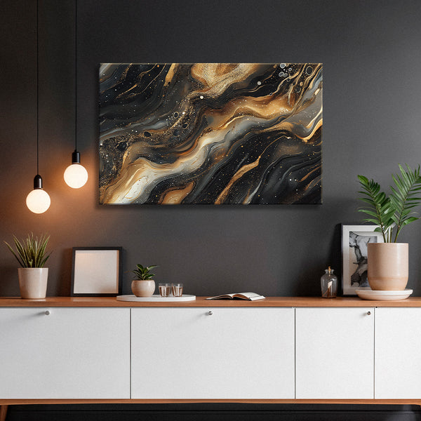 Gold Black White Flow Painting | Luxury Abstract Swirl Marble Canvas | Modern Wall Art for Living Room, Bedroom, Office