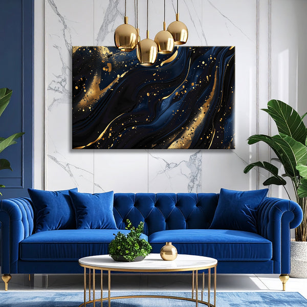 Premium Blue & Gold Marble Painting | Rich Elegant Navy Blue Golden Swirl Canvas for Living Room & Bedroom | Modern Abstract Flow Paint Wall Art Décor for Modern Homes & Luxury Interiors