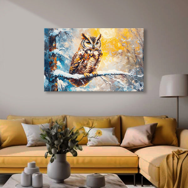 Wise Owl Snow Painting | Winter Forest Tree Canvas | Snowy Bird Wall Art for Study or Living Room Décor