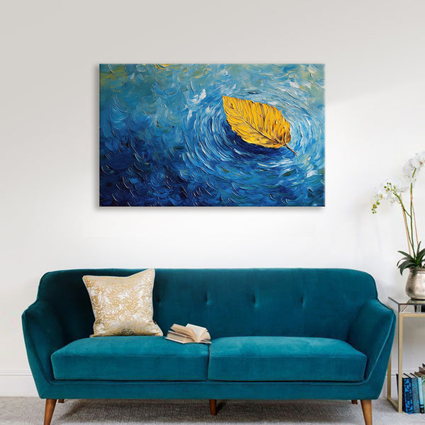Yellow Leaf Painting | Calm Blue Water Canvas | Minimalist Peaceful Nature Wall Art for Living Room Décor