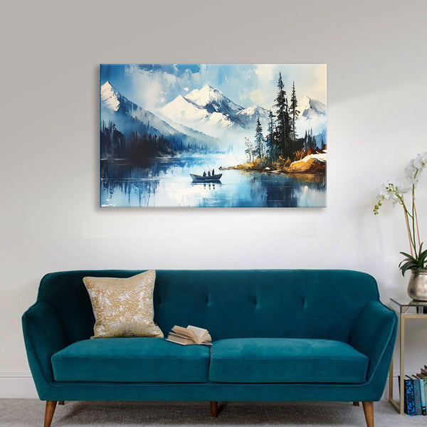 Snowy Mountain Lake Painting | Boat in Nature Canvas | Scenic Winter Landscape Wall Art for Living Room Décor