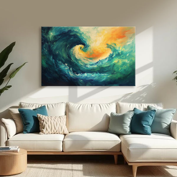 Whirl of Energy Painting | Modern Abstract Green & Yellow Ocean Wave Painting | Bold Yellow Vastu Wall Art for Living Room & Office Decor