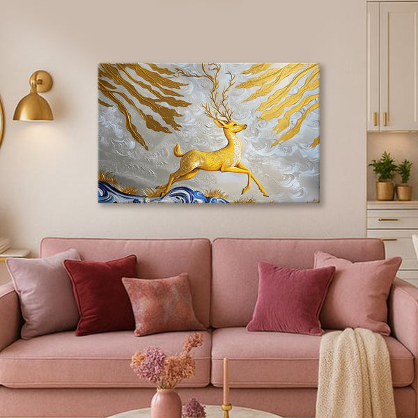 Golden Grace Deer Painting | Luxury Royal Stag Canvas | Gold Leaves Vastu Animal Wall Art for Living Room & Office Decor