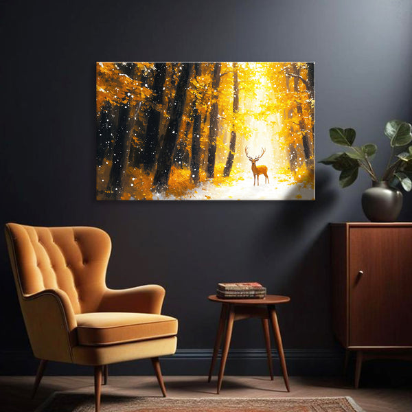 Autumn Snowfall Deer Painting | Golden Forest Stag Canvas | Gold Sunrays Wall Art for Living Room & Office