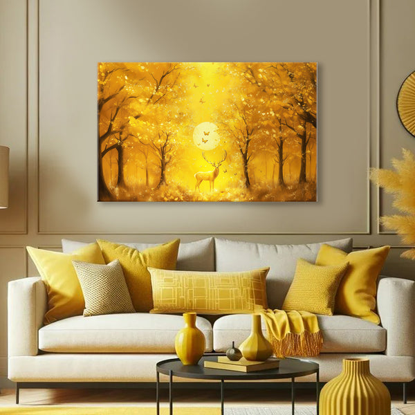 Mystic Deer in Golden Forest Painting | Royal Vastu Stag Canvas Painting | Golden Sun Wildlife Scenery Wall Art for Living Room & Meditation Corners