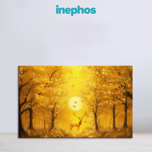 Mystic Deer in Golden Forest Painting | Royal Vastu Stag Canvas Painting | Golden Sun Wildlife Scenery Wall Art for Living Room & Meditation Corners