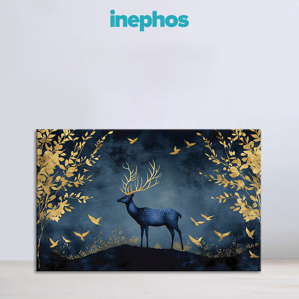 Golden Antler Deer Painting | Elegant Wildlife Canvas with Birds | Blue & Gold Midnight Forest Wall Art for Living Room & Vastu Decor