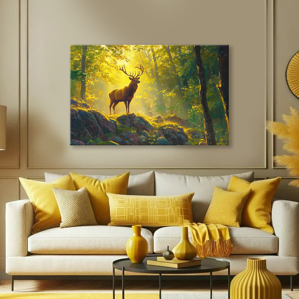 Golden Deer Painting | Serene Forest Majesty Canvas | Royal Animal Wall Art for Nature-Inspired Living Room & Office Decor