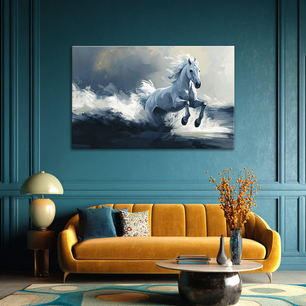 Galloping White Horse Canvas Painting | Powerful Wall Art of Horse Charging Through Waves | Modern Spiritual Décor for Living Room & Office