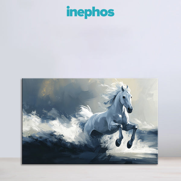Galloping White Horse Canvas Painting | Powerful Wall Art of Horse Charging Through Waves | Modern Spiritual Décor for Living Room & Office