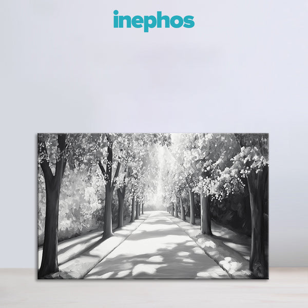 Black and White Tree Pathway Canvas Painting | Serene Forest Walk Artwork for Modern Home & Office Wall Décor | Monochrome Nature Scene