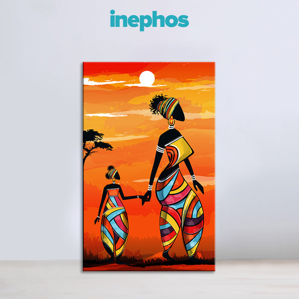 Tribal Mother & Child Painting | Bold Modern Abstract Orange Sunset Canvas | African Folk Wall Art for Living Room
