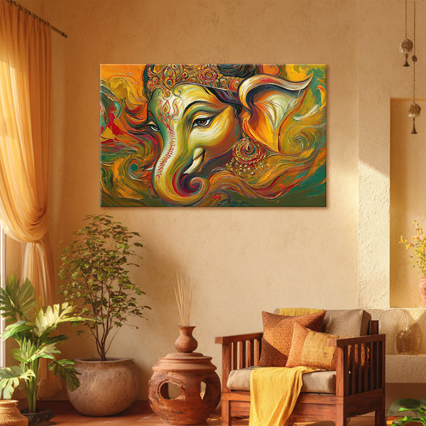 Golden Ganesh Ji Canvas Wall Art | Abstract Close-Up Ganesha Painting for Home Temple & Festive Décor | Vibrant Traditional Spiritual Artwork