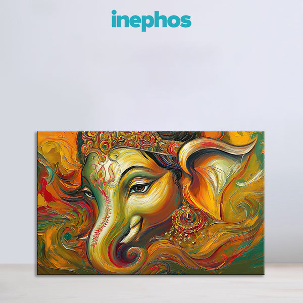 Golden Ganesh Ji Canvas Wall Art | Abstract Close-Up Ganesha Painting for Home Temple & Festive Décor | Vibrant Traditional Spiritual Artwork