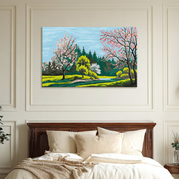 Spring Cherry Blossom Landscape Canvas Wall Art | Serene River & Blooming Trees Painting for Living Room, Bedroom | Nature-Inspired Wall Décor
