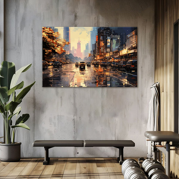 Evening City Street in Rain Canvas Wall Art | Vibrant Urban Skyline & Reflections Painting for Living Room, Office | Modern City-Inspired Home Décor