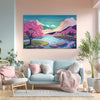 Blossoms by the Stream Painting | Serene Japanese Cherry Blossom Landscape Canvas | Calm Peaceful Nature Scenery with Pink Trees & Mountains Wall Art for Living Room