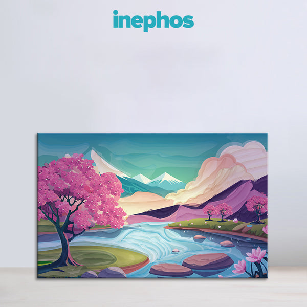 Blossoms by the Stream Painting | Serene Japanese Cherry Blossom Landscape Canvas | Calm Peaceful Nature Scenery with Pink Trees & Mountains Wall Art for Living Room