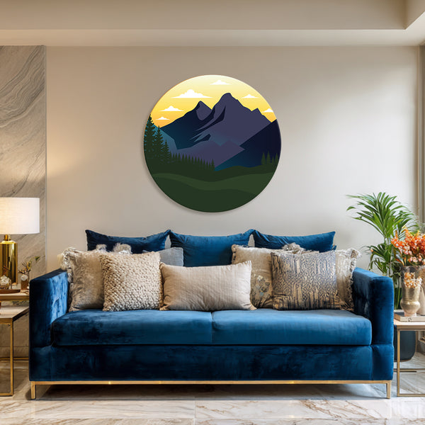 Majestic Mountain Sunrise Round Canvas Wall Art | Minimal Nature Landscape Painting for Living Room, Bedroom | Modern Mountain-Inspired Home Décor