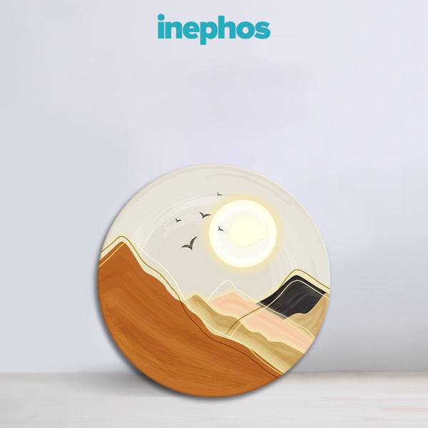 Golden Desert Mountains Round Canvas Wall Art | Minimal Sun & Landscape Painting for Boho Living Room, Bedroom | Contemporary Home Décor