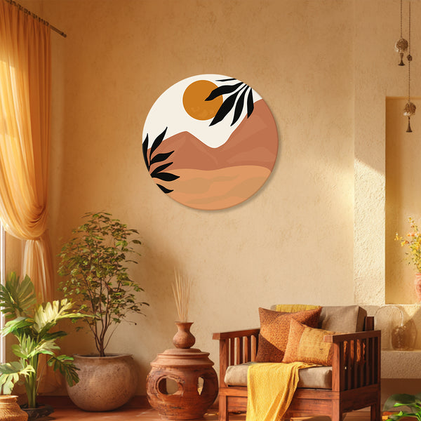 Desert Sunset Round Canvas Wall Art | Minimalist Terracotta Mountains & Black Leaf Silhouettes for Boho | Modern Contemporary Home Décor