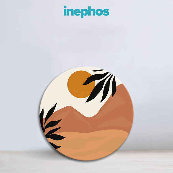 Desert Sunset Round Canvas Wall Art | Minimalist Terracotta Mountains & Black Leaf Silhouettes for Boho | Modern Contemporary Home Décor