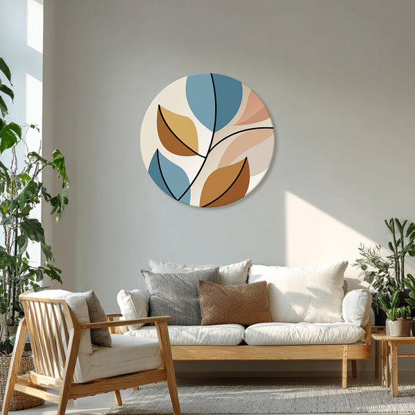Modern Abstract Leaf Round Canvas Wall Art | Minimalist Botanical Design in Blue, Mustard & Neutral Tones | Contemporary Home & Office Décor