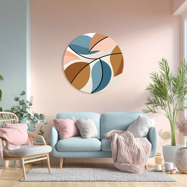 Contemporary Abstract Leaf Round Canvas Wall Art | Stylish Botanical Design in Blue, Peach & Mustard Tones | Modern Living Room & Office Décor