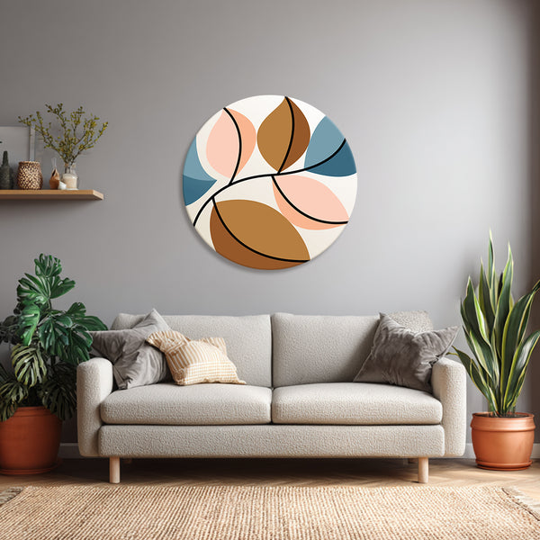 Modern Abstract Leaf Round Canvas Wall Art | Minimal Botanical Design in Blue, Peach & Mustard for Stylish Living Room | Bedroom & Office Décor
