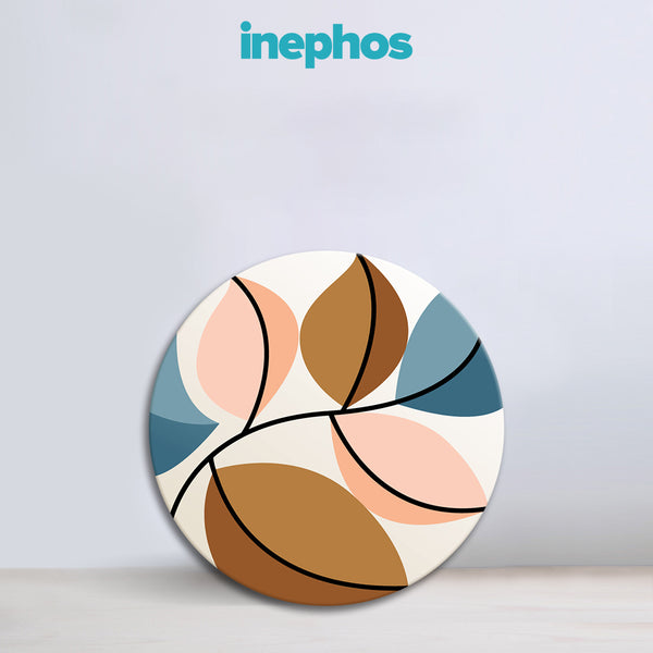 Modern Abstract Leaf Round Canvas Wall Art | Minimal Botanical Design in Blue, Peach & Mustard for Stylish Living Room | Bedroom & Office Décor