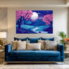 Moonlit Blossom Path Painting | Calm Peaceful Full Moon Night Landscape Canvas | Japanese Cherry Blossom Pink Trees Wall Art for Bedroom Walls
