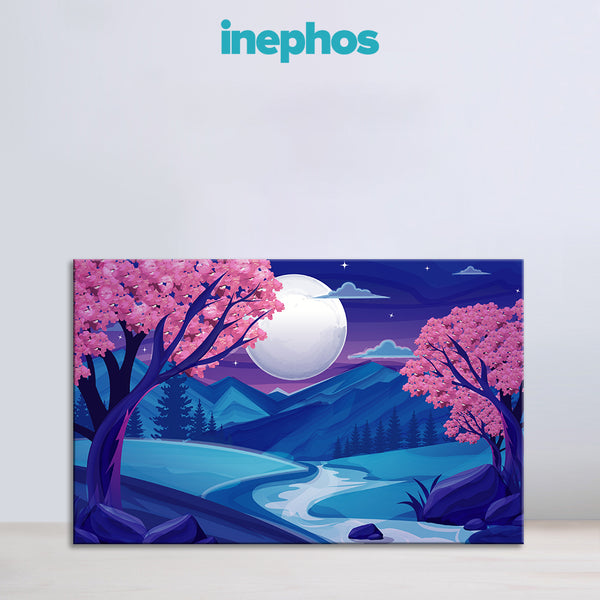 Moonlit Blossom Path Painting | Calm Peaceful Full Moon Night Landscape Canvas | Japanese Cherry Blossom Pink Trees Wall Art for Bedroom Walls