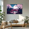 Moonlit Bridge Serenity Painting | Japanese Cherry Blossom Full Moon Night Canvas | Calm Peaceful Nature Scenery Landscape Wall Art for Peaceful Interiors