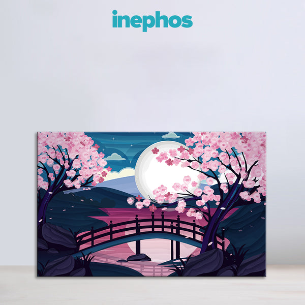 Moonlit Bridge Serenity Painting | Japanese Cherry Blossom Full Moon Night Canvas | Calm Peaceful Nature Scenery Landscape Wall Art for Peaceful Interiors