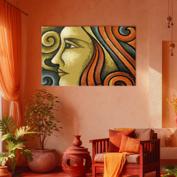 Vintage Woman Muse Painting | Textured Side Profile Canvas in Earthy Artistic Tones | Yellow Orange Traditional Lady with Flowing Hair Wall Art for Home Décor
