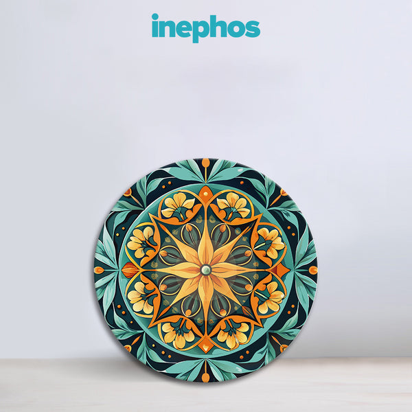 Floral Harmony Mandala | Round Geometric Canvas Painting | Wall Art in Yellow & Teal for Elegant Home Decor