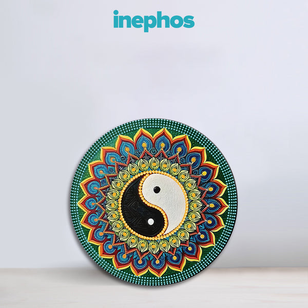 Regal Peacock Mandala | Round Multicolor Canvas Painting | Wall Art with Intricate Feather Design for Elegant Decor