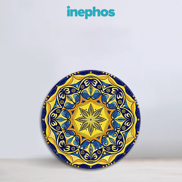 Royal Harmony Mandala | Round Blue & Yellow Canvas Painting | Decorative Wall Art for Elegant Home Interiors