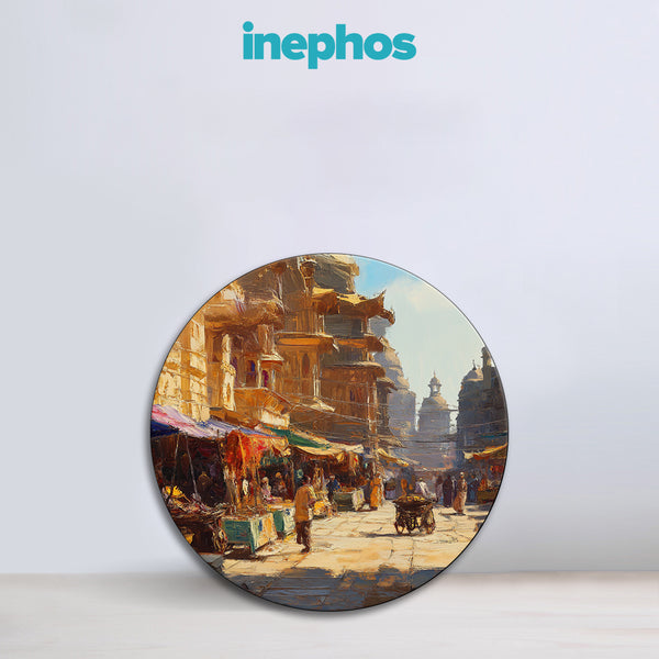 Golden Bazaar Street View | Round Vintage-Style Canvas Painting | Wall Art of Indian Market Scene