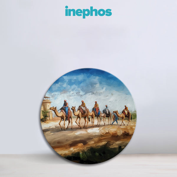 Desert Caravan Journey | Round Camel Procession Canvas Painting | Wall Art for Rustic & Travel-Inspired Decor