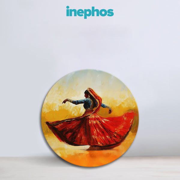 Rajasthani Grace | Round Canvas Painting | Wall Art of Traditional Indian Dancer in Vibrant Red Ghagra