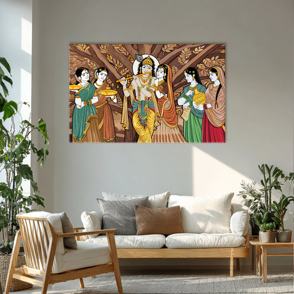 Krishna Raas Leela Painting | Traditional Indian Folk Art Canvas Painting | Religious Spiritual God Playing Flute Wall Art for Traditional & Spiritual Home Decor