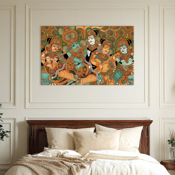 Divine Krishna & Gopikas Painting | Kerala Mural Style Canvas | Ethnic Traditional Wall Art for Pooja Room, Living Room Décor