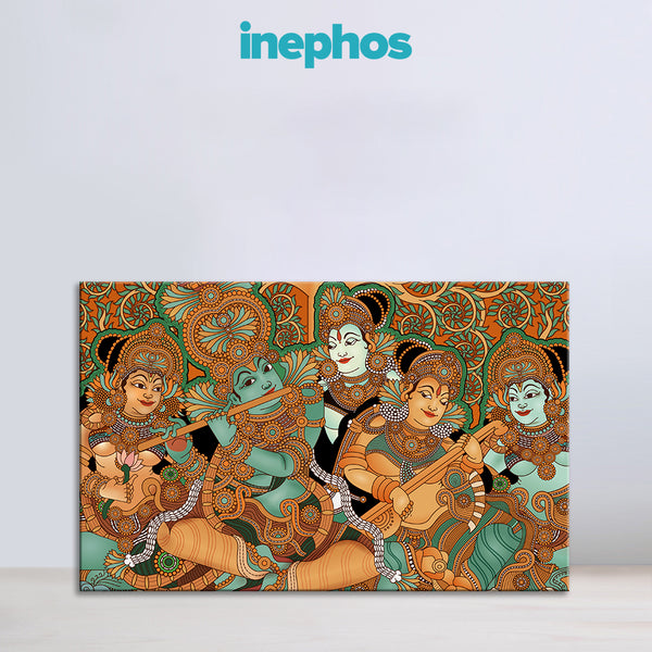 Divine Krishna & Gopikas Painting | Kerala Mural Style Canvas | Ethnic Traditional Wall Art for Pooja Room, Living Room Décor