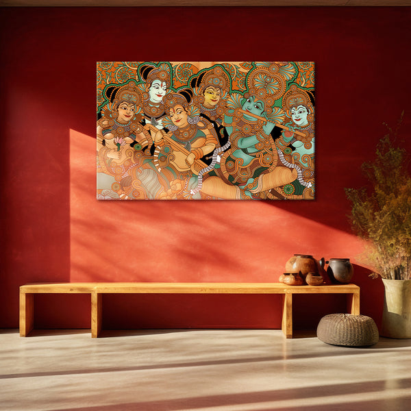 Divine Krishna & Gopikas Painting | Kerala Mural Style Canvas | Ethnic Traditional Wall Art for Living Room, Pooja Room Décor