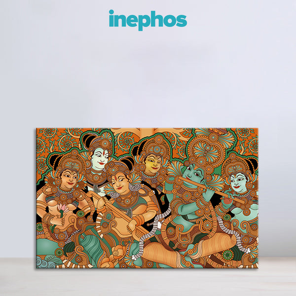 Divine Krishna & Gopikas Painting | Kerala Mural Style Canvas | Ethnic Traditional Wall Art for Living Room, Pooja Room Décor